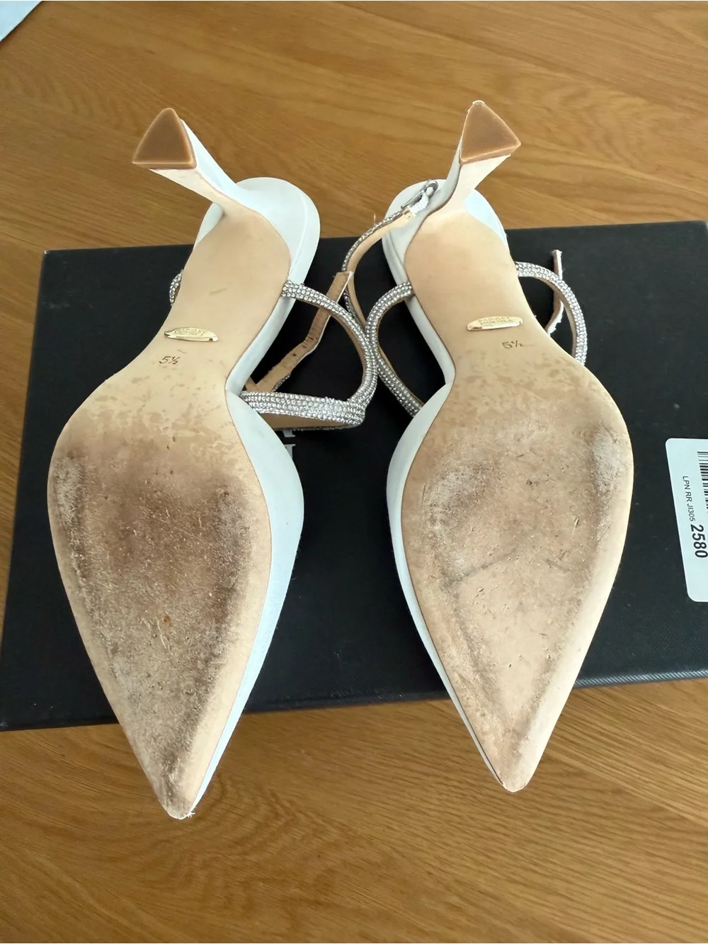 Badgley Mischka Ivory Satin Pointed Toe Slingback Heels with Crystal Straps